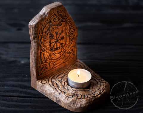 【Wood Sculpture】Candle holder, candlestick, Scandinavian, home altar, runic stone, runes, norse, viking, heathen, handmade