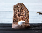 【Wood Sculpture】Candle holder, candlestick, Scandinavian, home altar, runic stone, runes, norse, viking, heathen, handmade