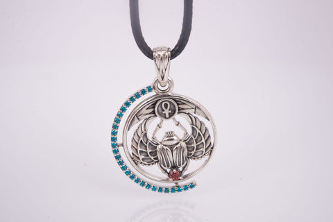 Scarabaeus Necklace, Egyptian Silver Pendant, Necklace with Scarabaeus Sacer and Gems, Egyptian Symbol, Handmade Egyptian Jewelry
