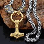 Pendants & Necklaces 60CM / 24 Inches / Gold Byzantine Stainless Steel Chain with Gold & Silver Wolf Head Mjolnir Ancient Treasures Ancientreasures Viking Odin Thor Mjolnir Celtic Ancient Egypt Norse Norse Mythology