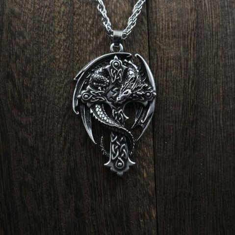 Pendants & Necklaces Silver / Metal Celtic Cross with Guardian Dragon Necklace Ancient Treasures Ancientreasures Viking Odin Thor Mjolnir Celtic Ancient Egypt Norse Norse Mythology