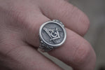 Freemason Square & Compass with Masonic Symbols Sterling Silver Ring