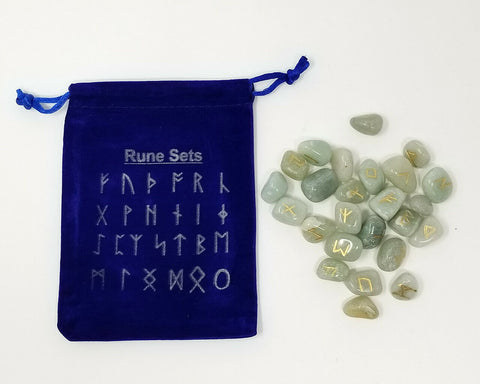 Runes & Stones~Green Aventurine Rune Set Healing 25 pc with Velvet Bag