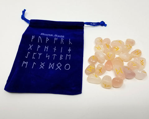 Runes & Stones~Rose Quartz Stone Rune Set Healing 25 pc with Velvet Bag