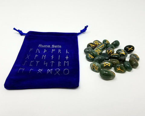 Runes & Stones~Moss Agate Rune Set Healing 25 pc with Velvet Bag