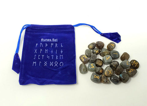 Runes & Stones~Natural Labradorite MoonStone Rune Set Healing 25 pieces with Velvet Bag