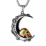 Gothic Retro Moon Crescent Skull Stainless Steel Pendant Necklace 22+2 Inch Chain