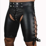 Sexy Lingerie Gay Men Faux Leather Lace Up Pants New Hot Black Mens Latex Pvc Bondage Open Cortch Shorts Gothic Fetish - Exotic Pants