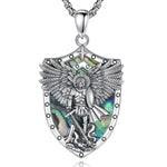 Divine Protection: Sterling Silver Archangel Michael Necklace with Abalone Shell & Malachite Amule