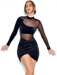 Sexy Elegant Mesh See Through Bodycon Velvet Dress Women Nightclub Prom Slim Ruched Dresses Wman Party Velvet Dress Robe