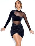 Sexy Elegant Mesh See Through Bodycon Velvet Dress Women Nightclub Prom Slim Ruched Dresses Wman Party Velvet Dress Robe