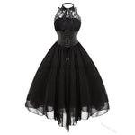 Women Gothic Punk Vintage Party Dresses Sleeveless Cross Back Lace Patchwork Halter Lace Up Court Corset Swing Dress