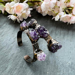 Antique bronze plating wide cuff ring bracelet natural amethyst cluster crystal gemstone adjustable bangle vintage jewelry gifts