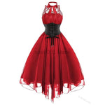 Women Gothic Punk Vintage Party Dresses Sleeveless Cross Back Lace Patchwork Halter Lace Up Court Corset Swing Dress