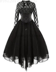 Women Gothic Punk Vintage Party Dresses Sleeveless Cross Back Lace Patchwork Halter Lace Up Court Corset Swing Dress