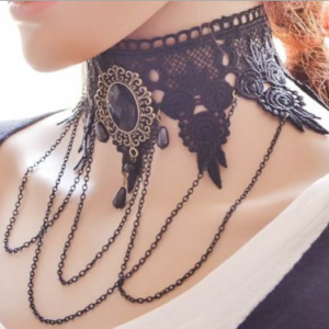 Gothic Black Rhinestone Lace Layered Chain Collar Necklace Choker