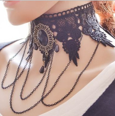 Gothic Black Rhinestone Lace Layered Chain Collar Necklace Choker