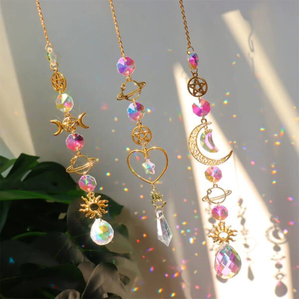 Elegant Suncatcher Crystal Wind Chime with Star, Moon, and Diamond Design - Hanging Prisms for Rainbow Light Effects - Decorative Pendant for Home and Garden