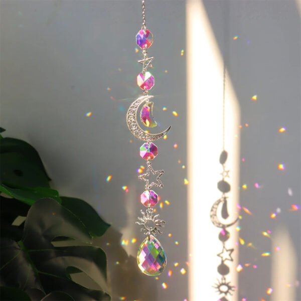 Elegant Suncatcher Crystal Wind Chime with Star, Moon, and Diamond Design - Hanging Prisms for Rainbow Light Effects - Decorative Pendant for Home and Garden