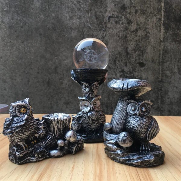 Resin Mushroom Tree Owl Figurine Statue Crystal Sphere Holder Ball Stand Display Base Sculpture