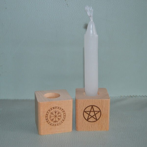 1 pair Wood Altar candle holders Pentacle wooden Candlestick with Viking compass runes ritual light holders witchcraft supplies Tarot &Divination