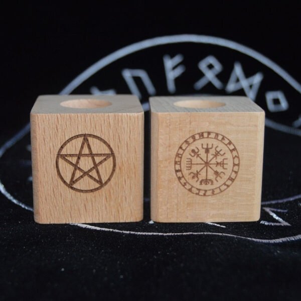 1 pair Wood Altar candle holders Pentacle wooden Candlestick with Viking compass runes ritual light holders witchcraft supplies Tarot &Divination
