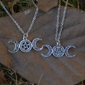 Pagan Crescent Moon Pentacle Pendant Necklace Triple Moon Celestial Jewelry Witch Gothic Jewelry