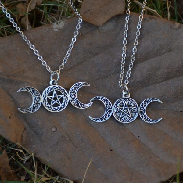 Pagan Crescent Moon Pentacle Pendant Necklace Triple Moon Celestial Jewelry Witch Gothic Jewelry