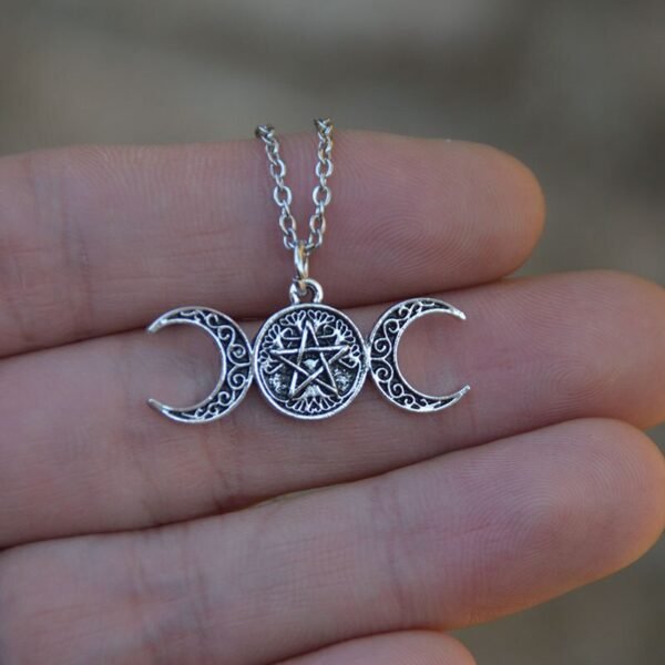Pagan Crescent Moon Pentacle Pendant Necklace Triple Moon Celestial Jewelry Witch Gothic Jewelry