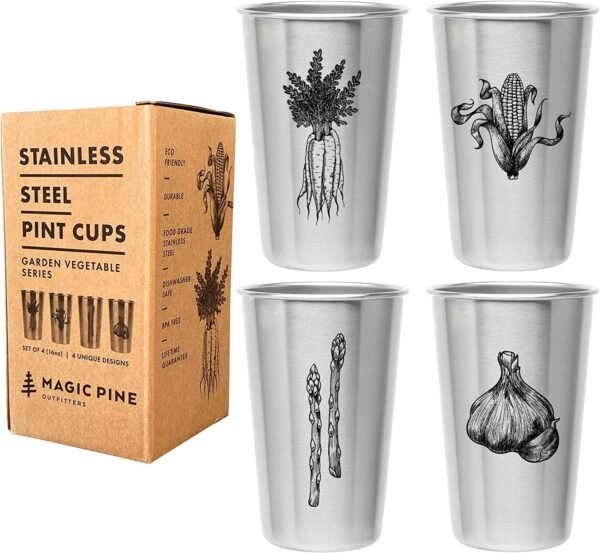Garden Vegetable Cups - Four 16Oz Stainless Steel Veggie Tumblers - Gift for Gardeners and Home Chefs - Unique Designs Include Carrots, Corn, Asparagus, and Garlic - Kid Safe, Great for Children