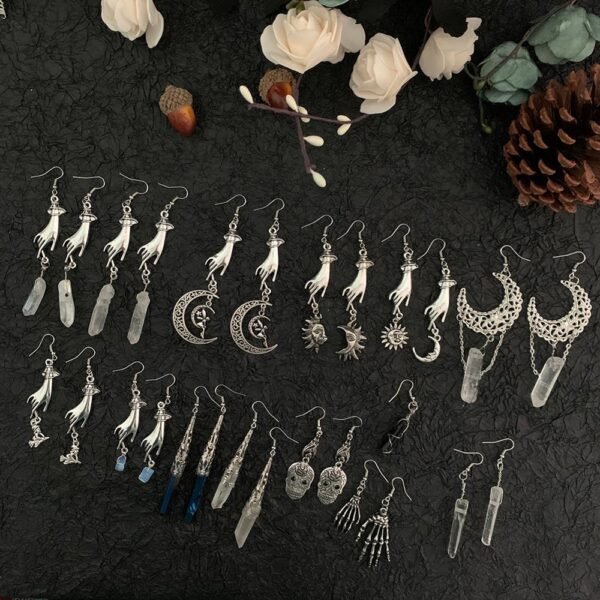 Pangan 15 styles of wicca earrings, moon, hand, sun, raw crystal, witch, skull, accessories, gifts