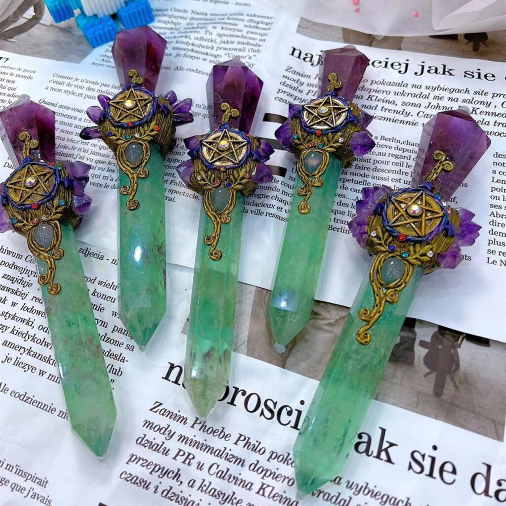 Natural Crystal Fluorite Quartz Healing Raw Stone Handmade Magic Stick scepter Witch Craft Staff Cosplay Fairy Props| |