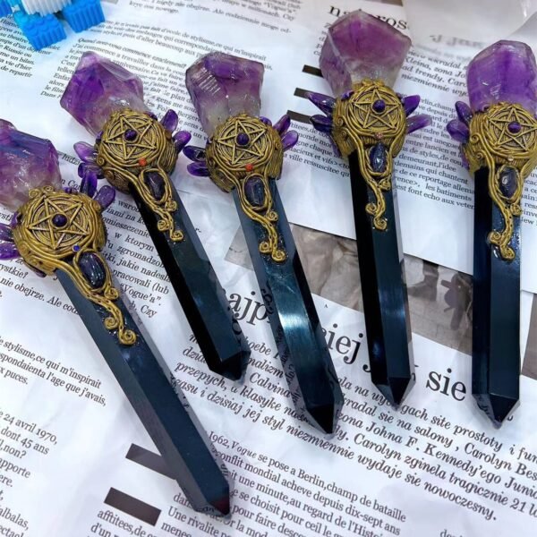 16 22cm Natural Crystal Fluorite Quartz Healing Raw Stone Handmade Magic Stick scepter Witch Craft Staff Cosplay Fairy Props| |