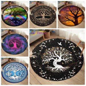 Embrace Norse Elegance: Tree of Life Rune Pattern Round Rug - Enhance Your Living Space with Vibrant Rainbow Print - Perfect for Viking Home Decor & Cozy Floors