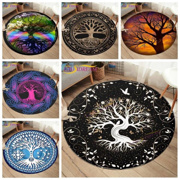 Embrace Norse Elegance: Tree of Life Rune Pattern Round Rug - Enhance Your Living Space with Vibrant Rainbow Print - Perfect for Viking Home Decor & Cozy Floors