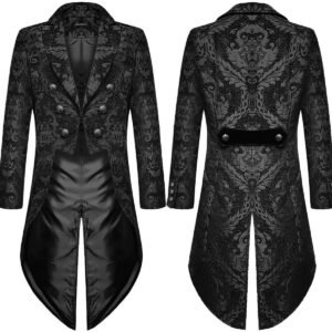 Devil Fashion Mens Gothic Steampunk Tailcoat Jacket Black Brocade Damask Wedding