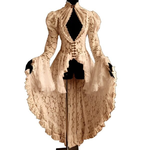 Women Vintage Lace Victorian Dress Long Flare Sleeve Gothic Long Tail Pleated Hollow Out Dresses Halloween Retro Cosplay Dress