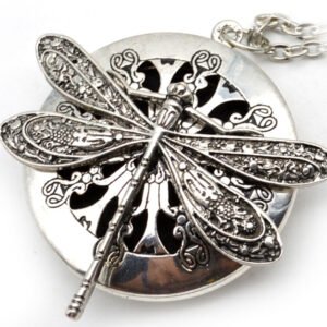 1pc Antique Silver Dragonfly Aromatherapy Diffuser Locket Pendant Necklace With 28" Chains