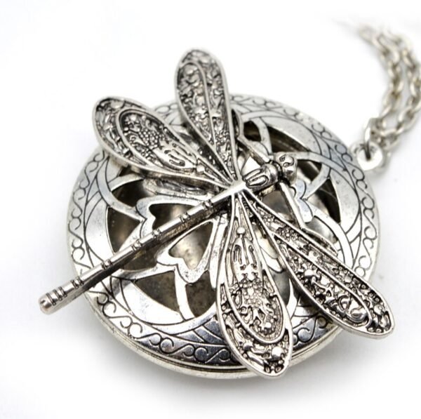 1pc Antique Silver Dragonfly Aromatherapy Diffuser Locket Pendant Necklace With 28" Chains & diffusing pad -Insect Series