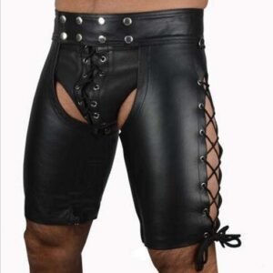 Sexy Lingerie Gay Men Faux Leather Lace Up Pants New Hot Black Mens Latex Pvc Bondage Open Cortch Shorts Gothic Fetish - Exotic Pants