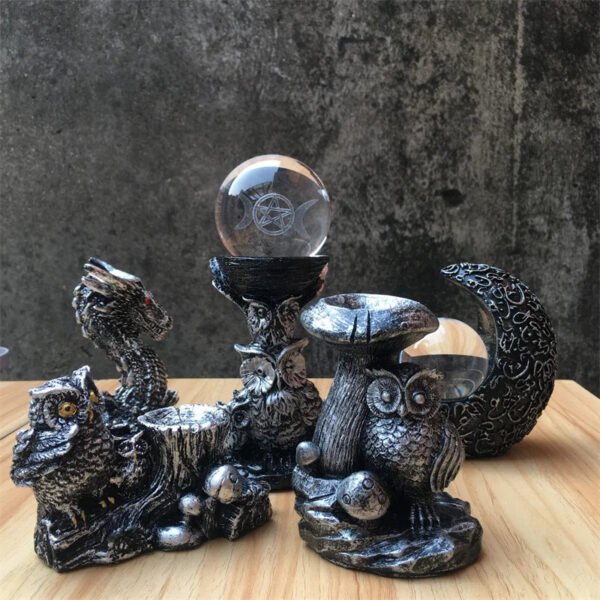 Resin Mushroom Tree Owl Figurine Statue Crystal Sphere Holder Ball Stand Display Base Sculpture