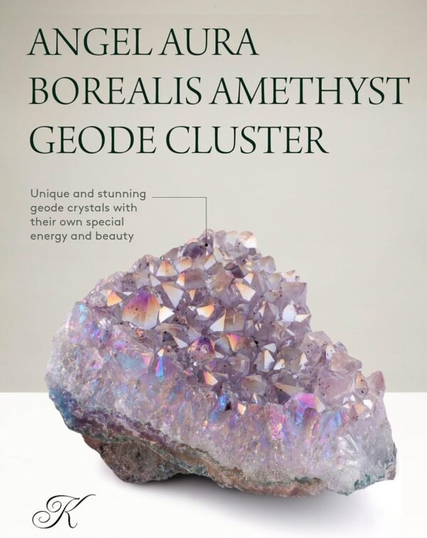KALIFANO Angel Aura Quartz Geode - Titanium Bonded High Energy Crystal Cuarzo Cluster/Druzy with Information Card - Natural Reiki Rock Used for Clarity and Purpose (Family Owned and Operated)