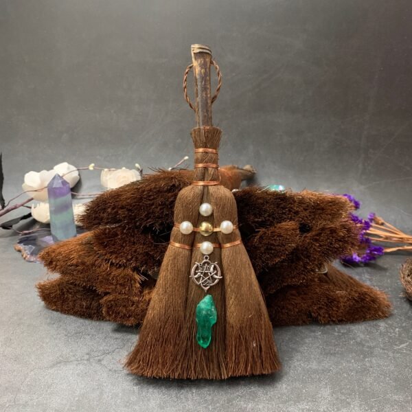 24*9cm Large Crystal Feather Broom Witch Decoration Three Phase Moon Bead Pendant Natural Palm Tree Large Wicca Altar Car decor