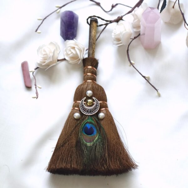 24x9 cm crystal feather broom three-phase moon quartz pendant amethyst witch altar decoration festival decor magic gift