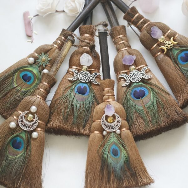 24x9 cm crystal feather broom three-phase moon quartz pendant amethyst witch altar decoration festival decor magic gift