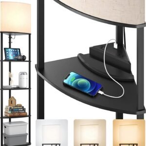 5-Tier Corner Shelf Floor Lamp with Type C, USB Port & 1 Power Outlet and 3CCT LED Bulb, Modern Display Lamp for Narrow Corner Bookshelf Lamp for Living Room, Bedroom, Office - Black
