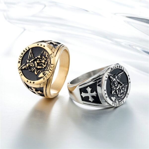 Magic Ring~316L Never Fade Cross Saint Michael Protect Stainless Steel Cool Golden&Silver Round Ring Newest HF423