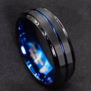 Magic Ring~316L  Men's fashion 8MM Black Brushed Ladder Edge Tungsten Ring Blue Groove Men Wedding Ring Gifts For Men