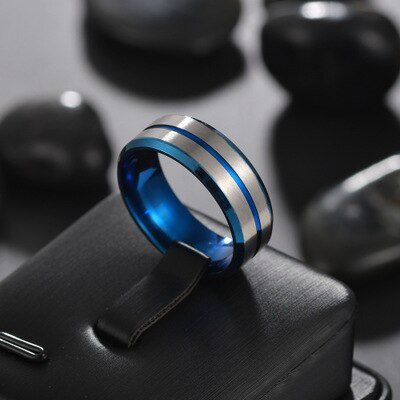 Magic Ring~316L  Men's fashion 8MM Black Brushed Ladder Edge Tungsten Ring Blue Groove Men Wedding Ring Gifts For Men