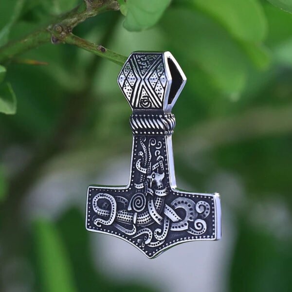 Stainless Steel Viking Mjolnir Jormungand Men`s Fashion Norse Fine Polished Charm Biker Pendant Necklace Boyfriend Gift